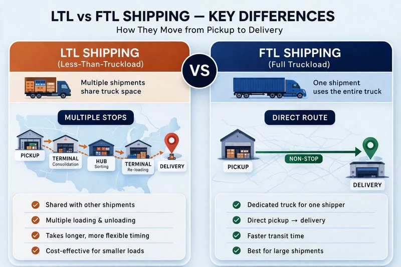 Infographic comparing LTL and FTL shipping, highlighting multiple stops for LTL and direct delivery for FTL.