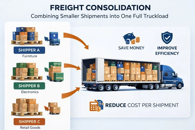 Diagram showing multiple smaller shipments being consolidated into one full truckload to save costs and improve efficiency