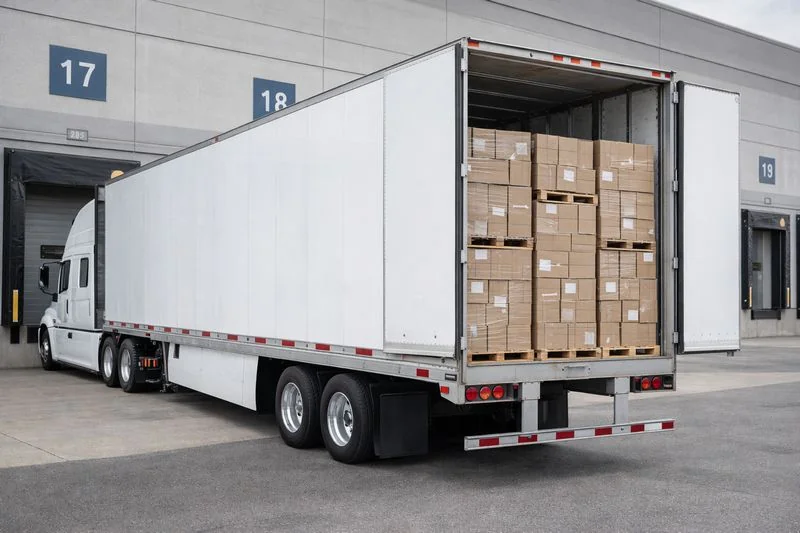 Fully loaded semi-truck representing a full truckload (FTL) shipment at a warehouse