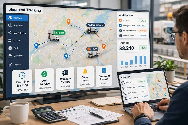 Transportation management system showing real-time shipment tracking and delivery status on a map