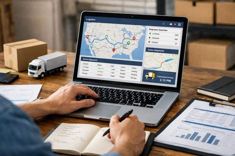 Person using transportation management system dashboard to manage shipments and logistics