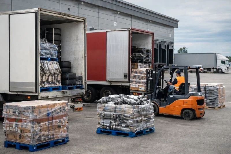 Trucks unloading goods at warehouse dock representing inbound freight logistics operations