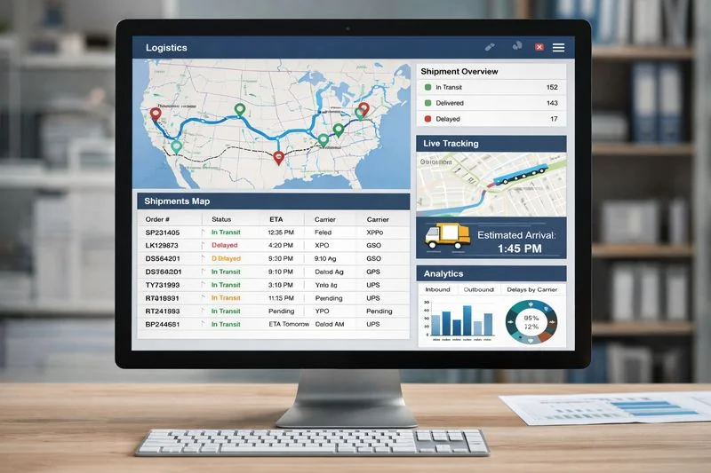 Transportation management system dashboard showing inbound shipment tracking and logistics data