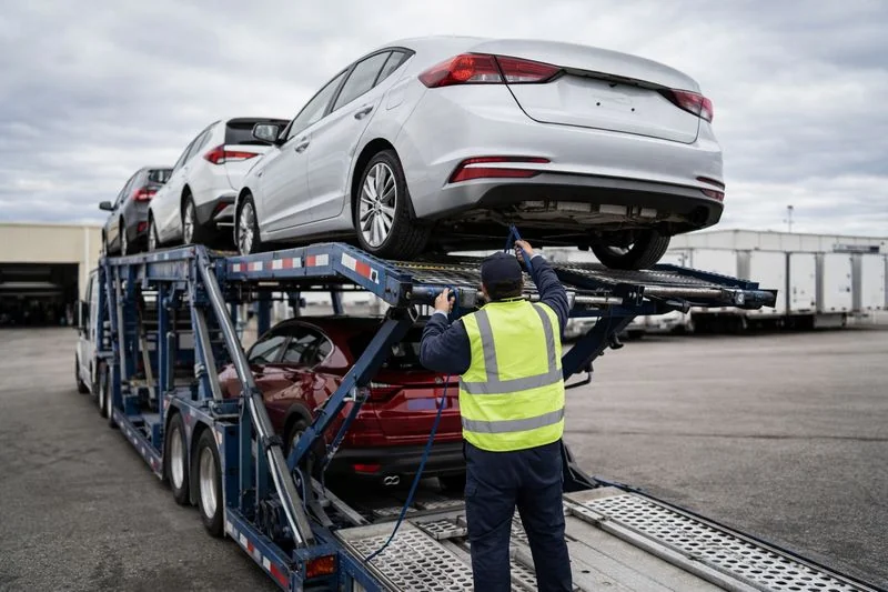 Car being loaded onto a multi-vehicle transport truck for shipping