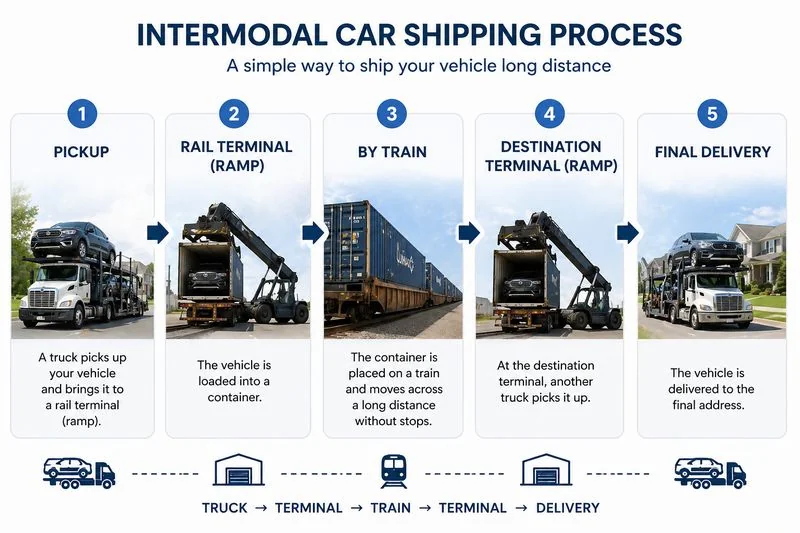 Infographic showing intermodal car shipping process from truck pickup to rail transport and final delivery
