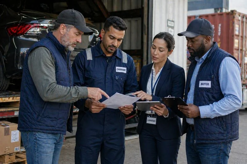 Logistics team coordinating vehicle shipment between vendor, carrier, and buyer