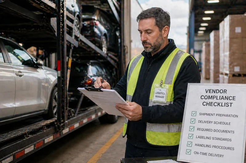 Logistics worker checking shipping documents and compliance checklist before transport