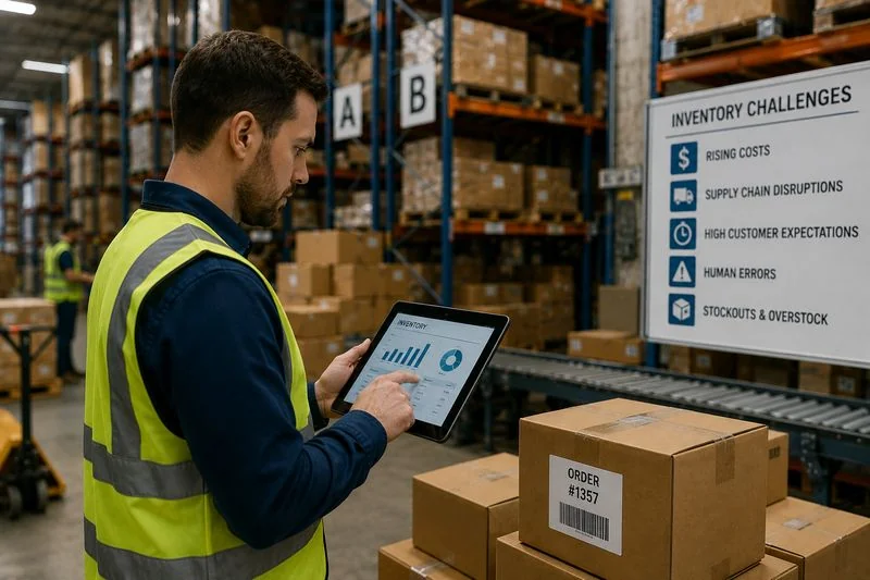 Warehouse worker managing inventory and shipments using a digital tablet