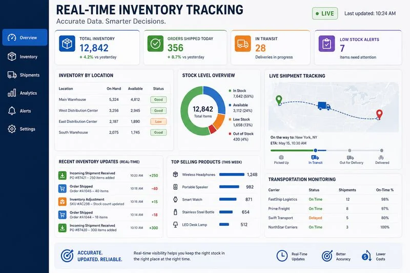 Real-time inventory tracking system showing warehouse stock and shipment updates