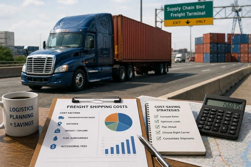 Freight truck transporting cargo with logistics planning and shipping cost calculations