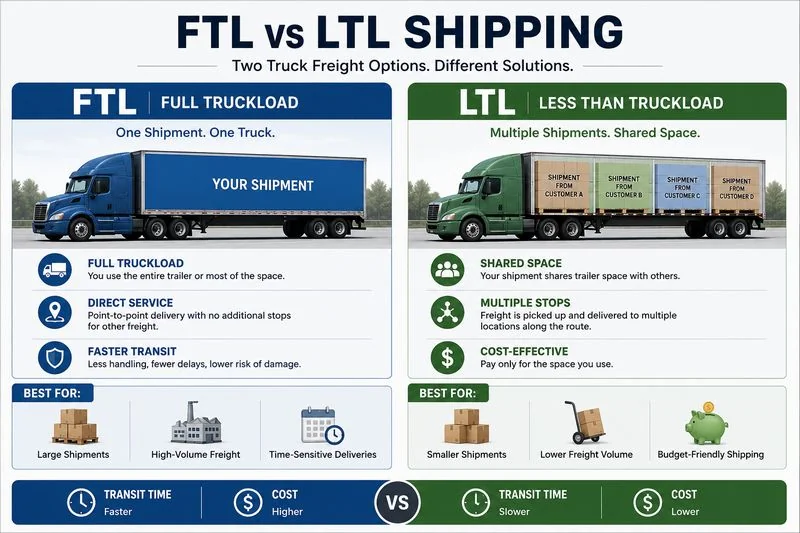Infographic showing the difference between FTL and LTL freight shipping methods
