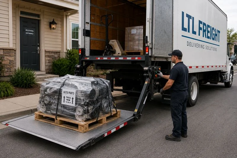 LTL freight truck using a hydraulic liftgate to unload heavy palletized cargo
