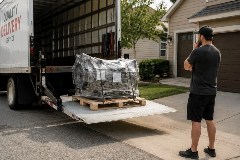 Residential freight delivery with liftgate unloading a palletized transmission safely