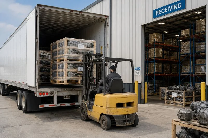 Inbound logistics operation with palletized freight being delivered to a warehouse facility