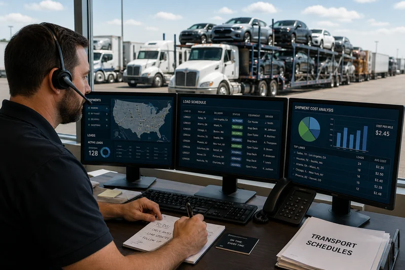 Logistics coordinator comparing 3PL and freight broker vehicle shipping operations