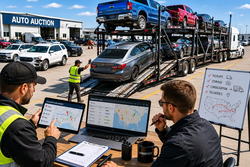3PL logistics team coordinating multi-vehicle auction transportation and dispatch operations