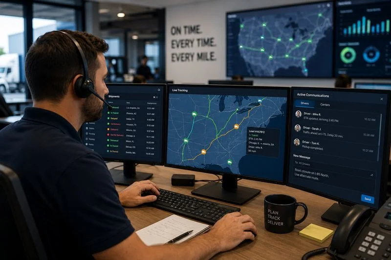 Freight dispatcher using real-time shipment tracking software to manage vehicle transportation routes