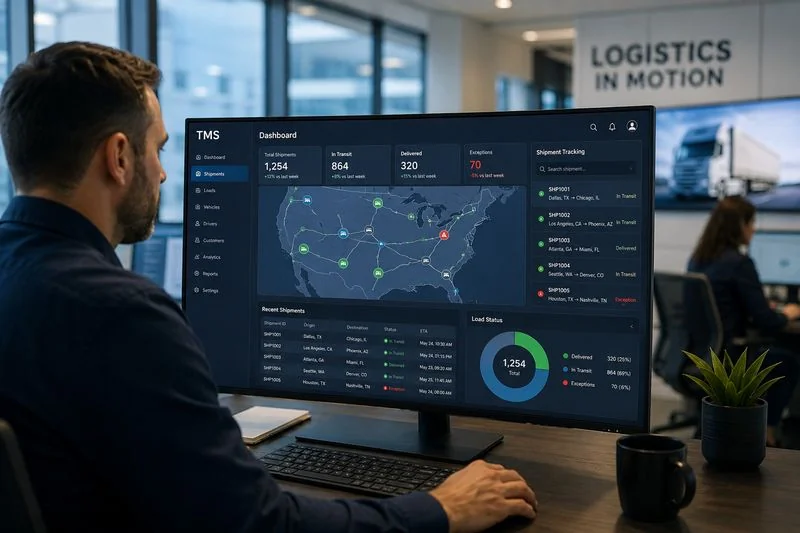 Logistics manager using a transportation management system dashboard to track vehicle shipments and freight operations