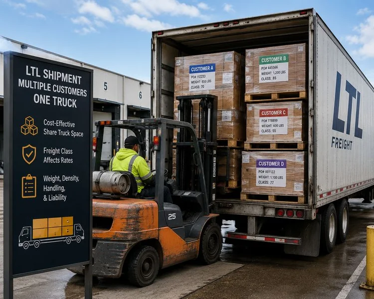 Palletized LTL freight being loaded into a shared trailer at a logistics terminal