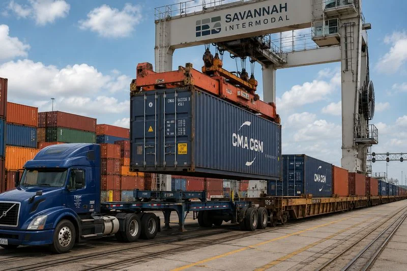 Drayage truck transporting a shipping container between a port and rail terminal as part of an intermodal shipment