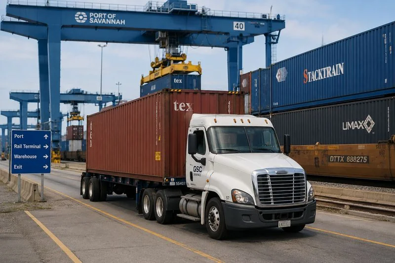 Intermodal shipping container being transferred between truck and rail transportation at a logistics terminal