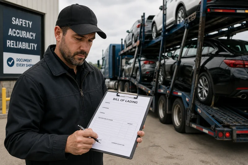 Logistics professional reviewing a Bill of Lading document before freight transportation.