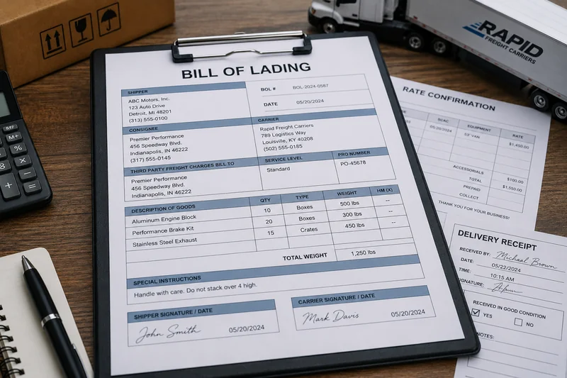 Completed Bill of Lading showing shipment information used for freight transportation.