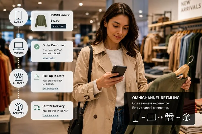 Customer using mobile and in-store shopping channels as part of an omnichannel retail experience.