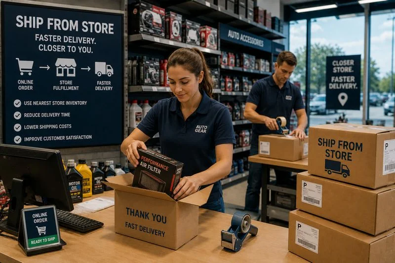Retail store employees preparing online orders for ship-from-store delivery fulfillment.
