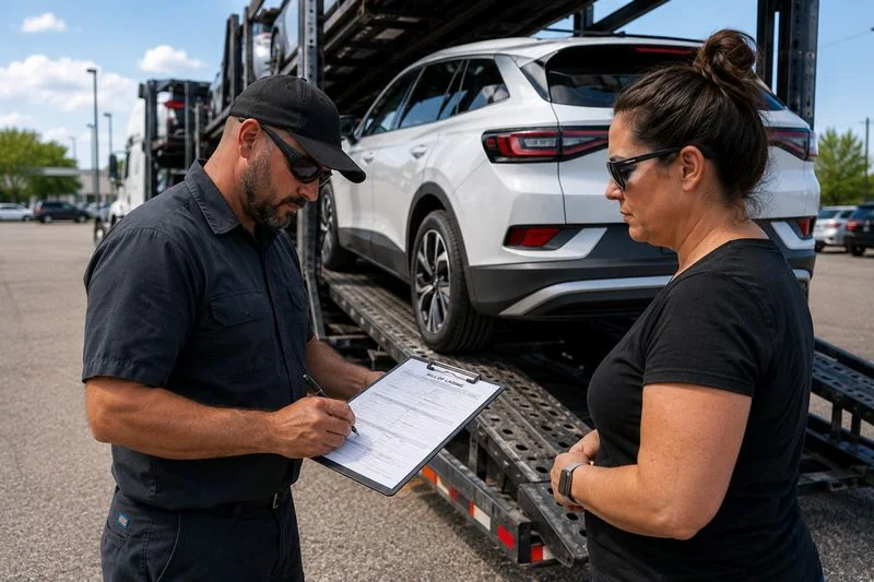 Carrier and vehicle owner reviewing a Bill of Lading during the vehicle pickup inspection before transport.