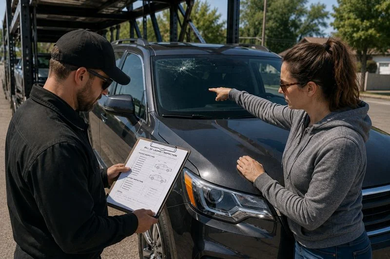 Customer and carrier inspecting a vehicle at delivery using the Bill of Lading to verify its condition.