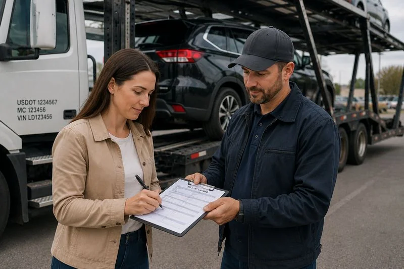 Vehicle owner reviewing a Bill of Lading with a transport driver before shipping a car.