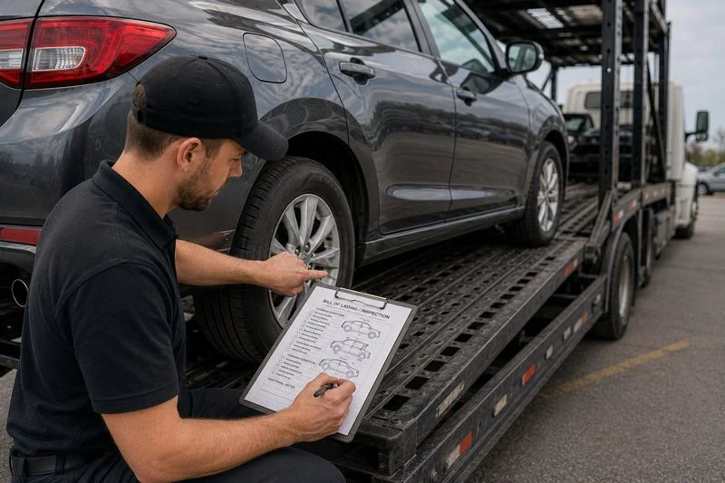 Carrier documenting a vehicle's condition and existing damage on a Bill of Lading before transport.