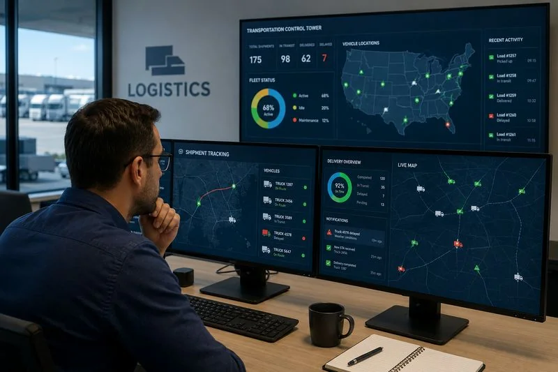 Transportation manager monitoring real-time shipment tracking and vehicle locations using IoT technology