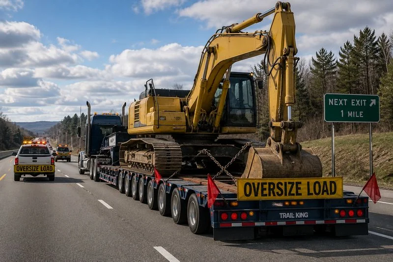 Excavator being transported on a lowboy trailer as an oversized load shipment