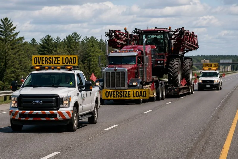 Pilot cars escorting an oversized load on a highway during heavy haul transportation