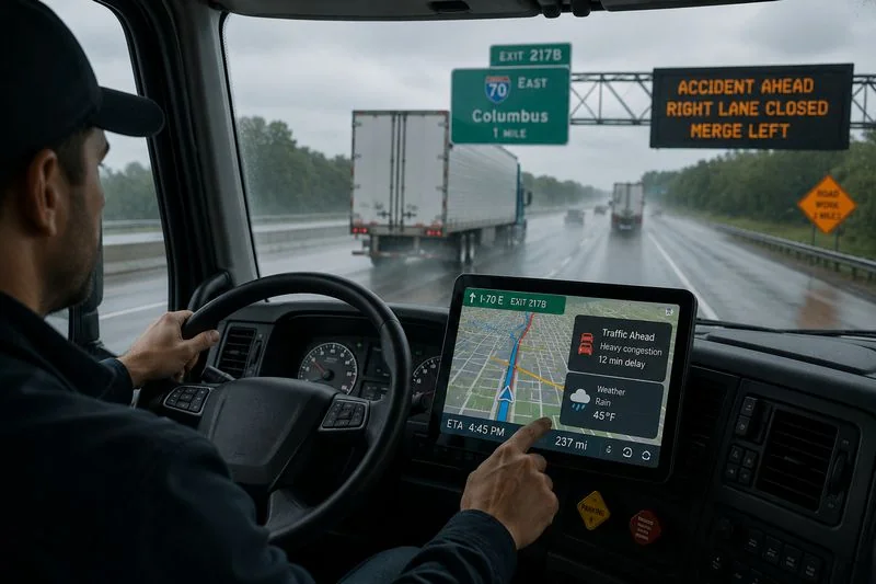 Truck driver using real-time route navigation and traffic monitoring technology during freight transportation