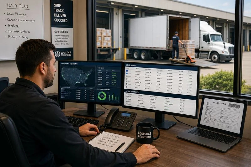 Logistics coordinator managing freight transportation and shipment tracking for multiple deliveries.