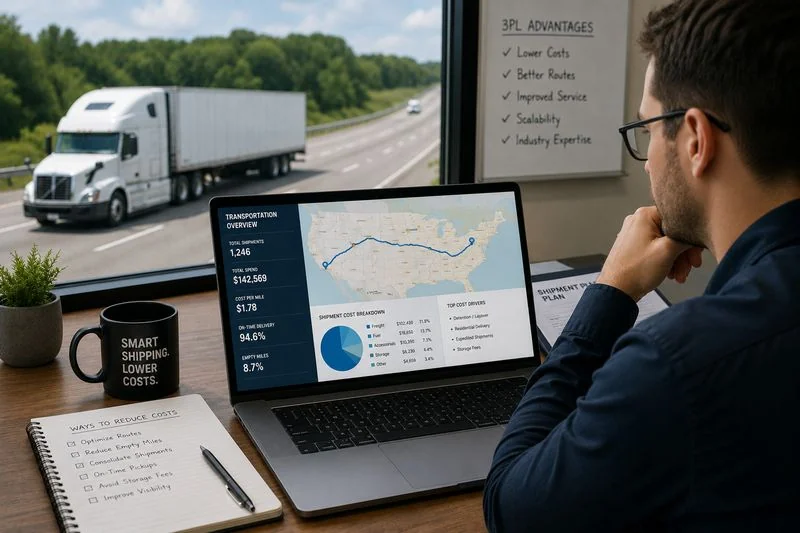 Freight truck and logistics planner optimizing transportation routes to reduce shipping costs.