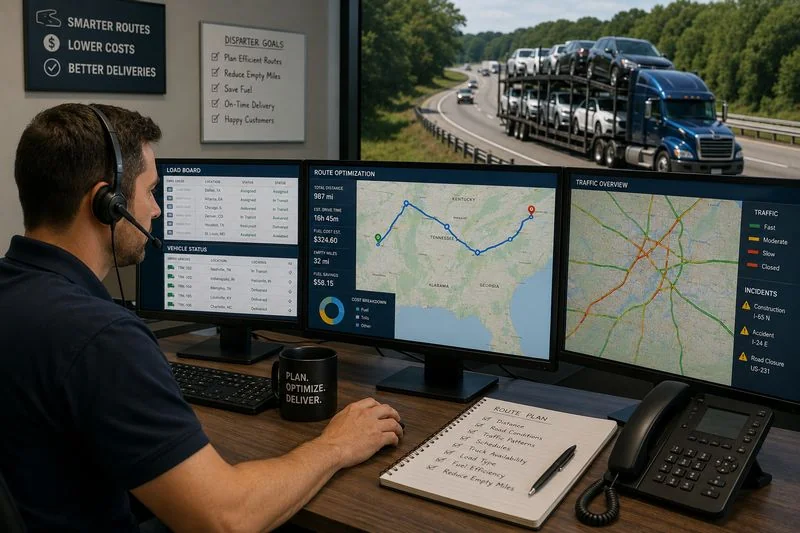 Logistics dispatcher optimizing truck routes to reduce fuel costs and improve transportation efficiency.