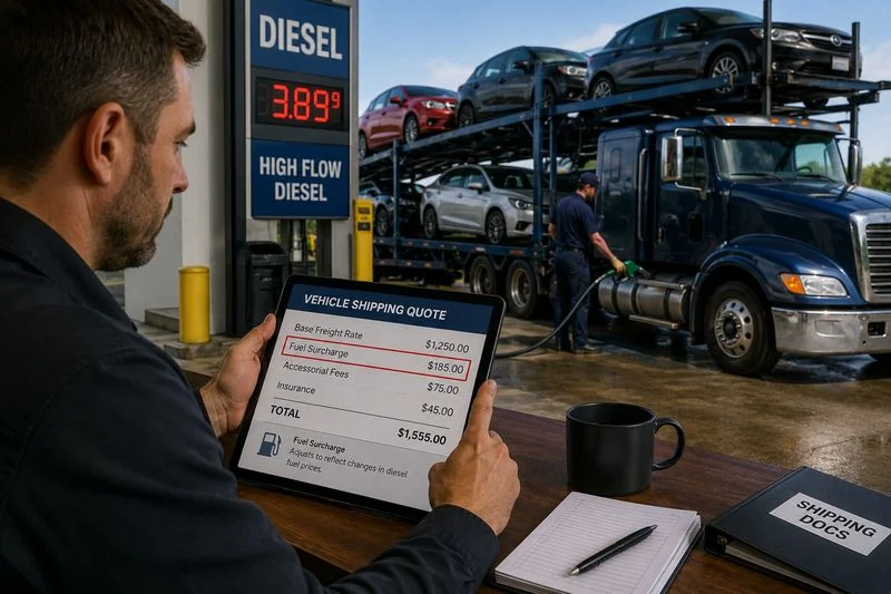 Car carrier truck at a diesel fuel station with a logistics manager reviewing a vehicle shipping quote that includes a fuel surcharge.
