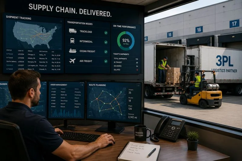 Logistics coordinator managing omnichannel freight operations and shipment tracking at a distribution center.