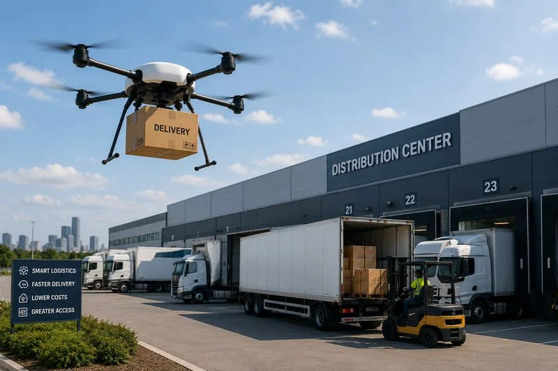 Commercial delivery drone transporting a package above a freight distribution center with trucks below.