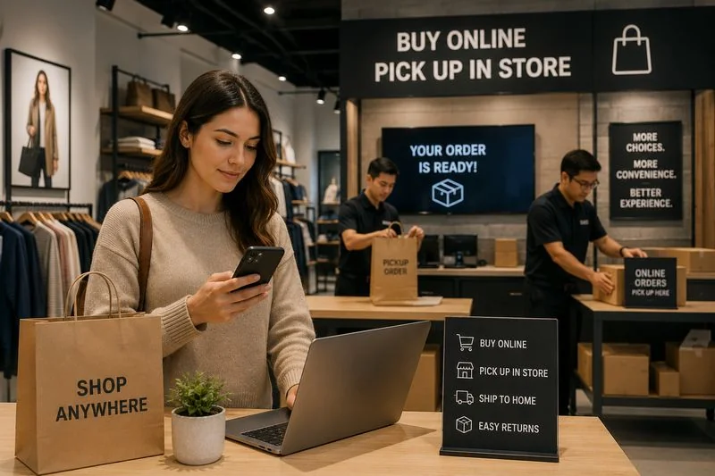 Customer using online shopping inside a retail store with omnichannel pickup and fulfillment in progress.