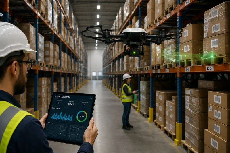 Autonomous drone scanning warehouse inventory while employees monitor stock data digitally.