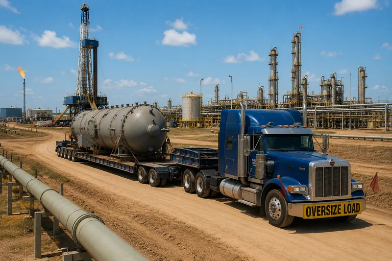 Heavy-duty truck transporting oil and gas equipment to an active drilling site.