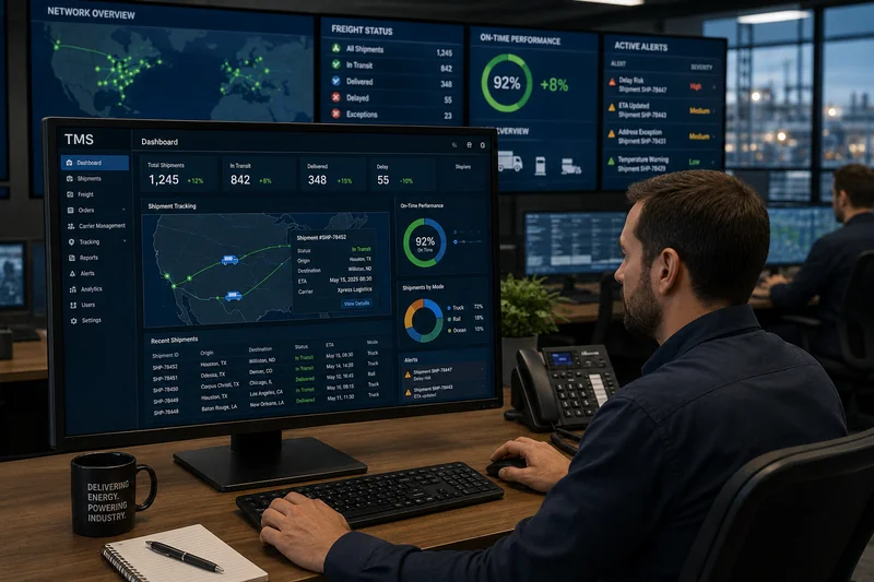 Logistics manager using a Transportation Management System dashboard to monitor freight shipments in real time.