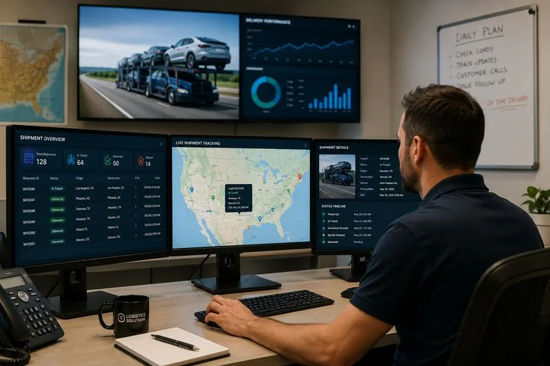 Logistics coordinator tracking vehicle shipments and delivery statuses in a dispatch office