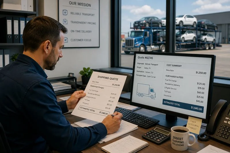 Logistics specialist reviewing shipping rates, surcharges, and additional transportation fees