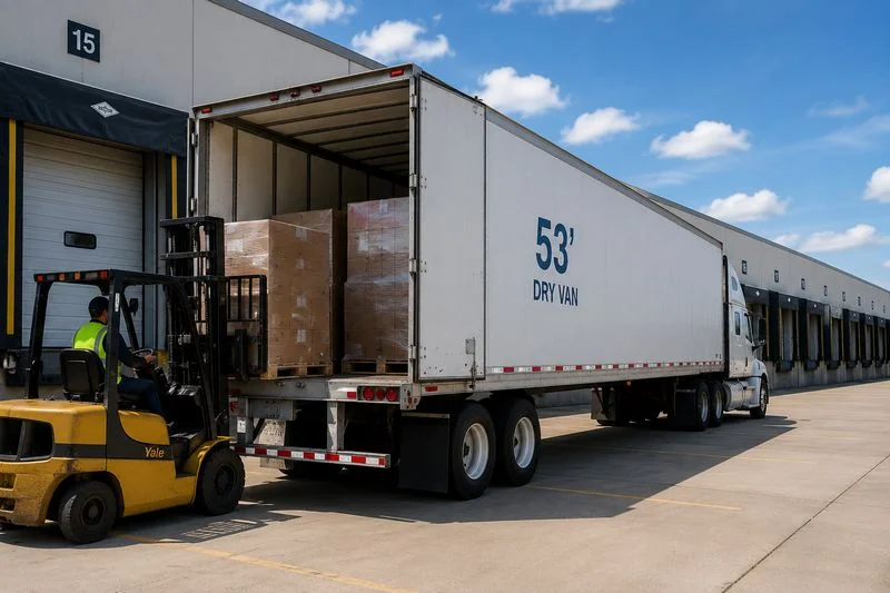 Open 53-foot dry van trailer being loaded with palletized freight at a warehouse dock